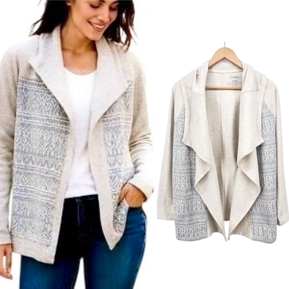 L.L.Bean Open Front Knit Cardigan Sweater M Regular Nordic Fair Isle Panels Hood